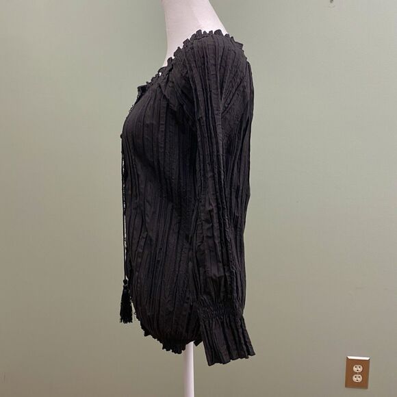 Harve Benard Crinkle Blouse Small Black Tassel Top Witchy Boho Whimsigoth - Picture 6 of 13